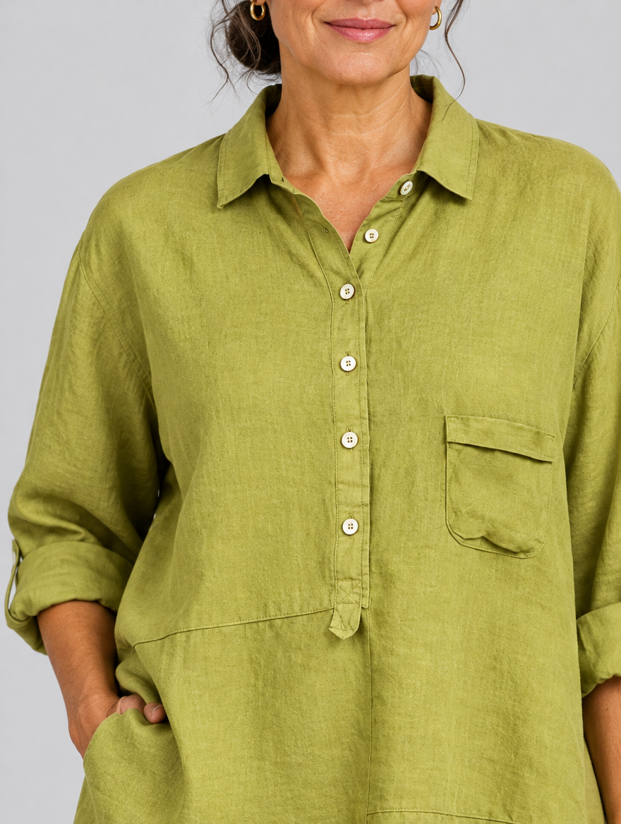Kerry relaxed linen tunic in olive yellow, close up of collar, buttons and chest pocket
