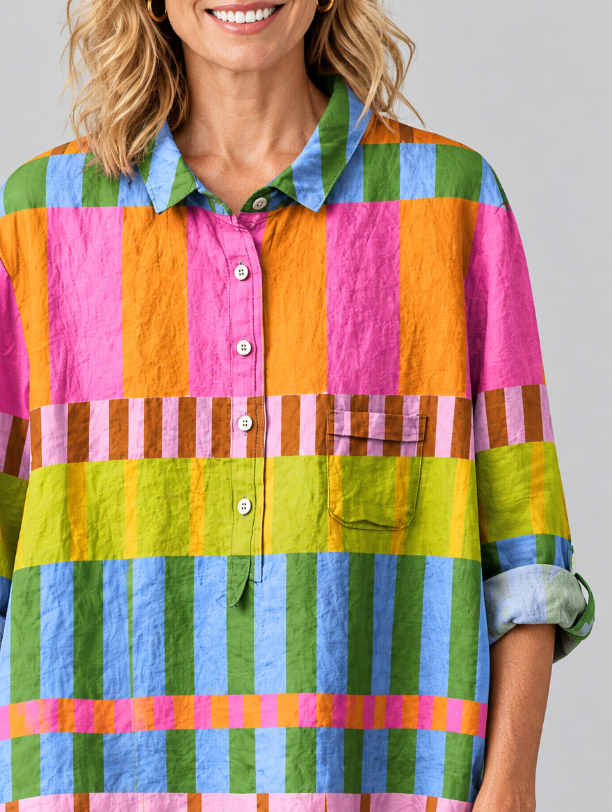 Susan relaxed summer tunic, close up of print, collar and chest pocket
