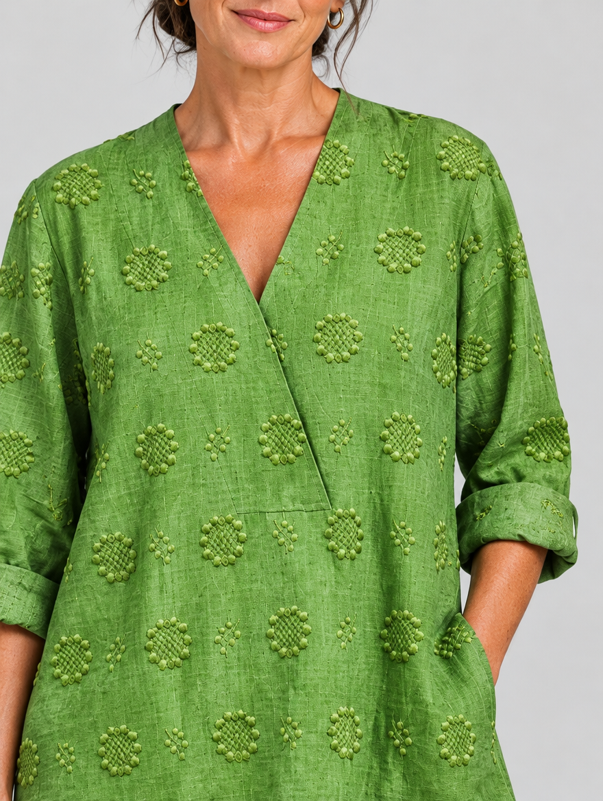 Pomona relaxed tunic in apple green, close up of textured flower pattern and neckline