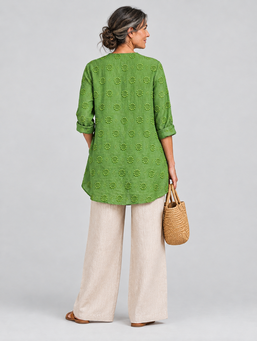 Pomona relaxed tunic in apple green, back view