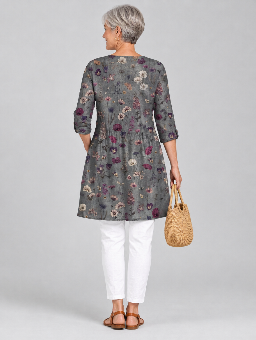 Pansy long blouse in charcoal wildflower print, back view