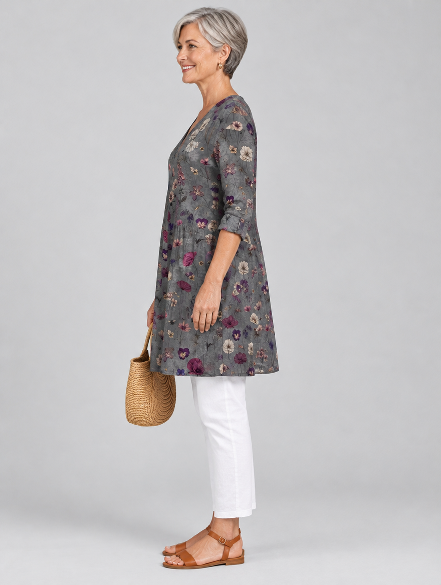 Pansy long blouse in charcoal wildflower print, side view showing the relaxed fit