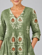 Sylvana long blouse in sage green botanical print, close up of print and neckline