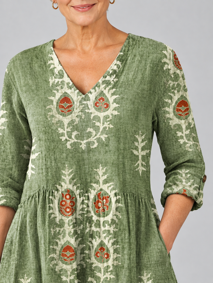 Sylvana long blouse in sage green botanical print, close up of print and neckline