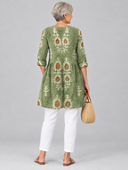 Sylvana long blouse in sage green botanical print, back view