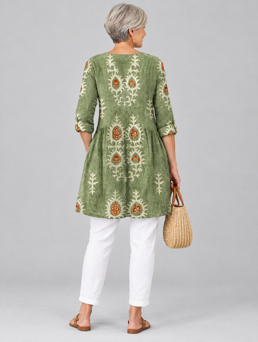 Sylvana long blouse in sage green botanical print, back view