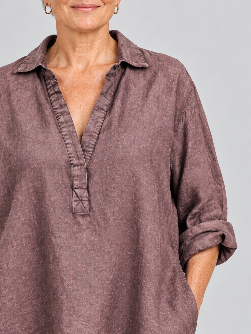 Wenna relaxed tunic in rose grey, close up of collar and neckline