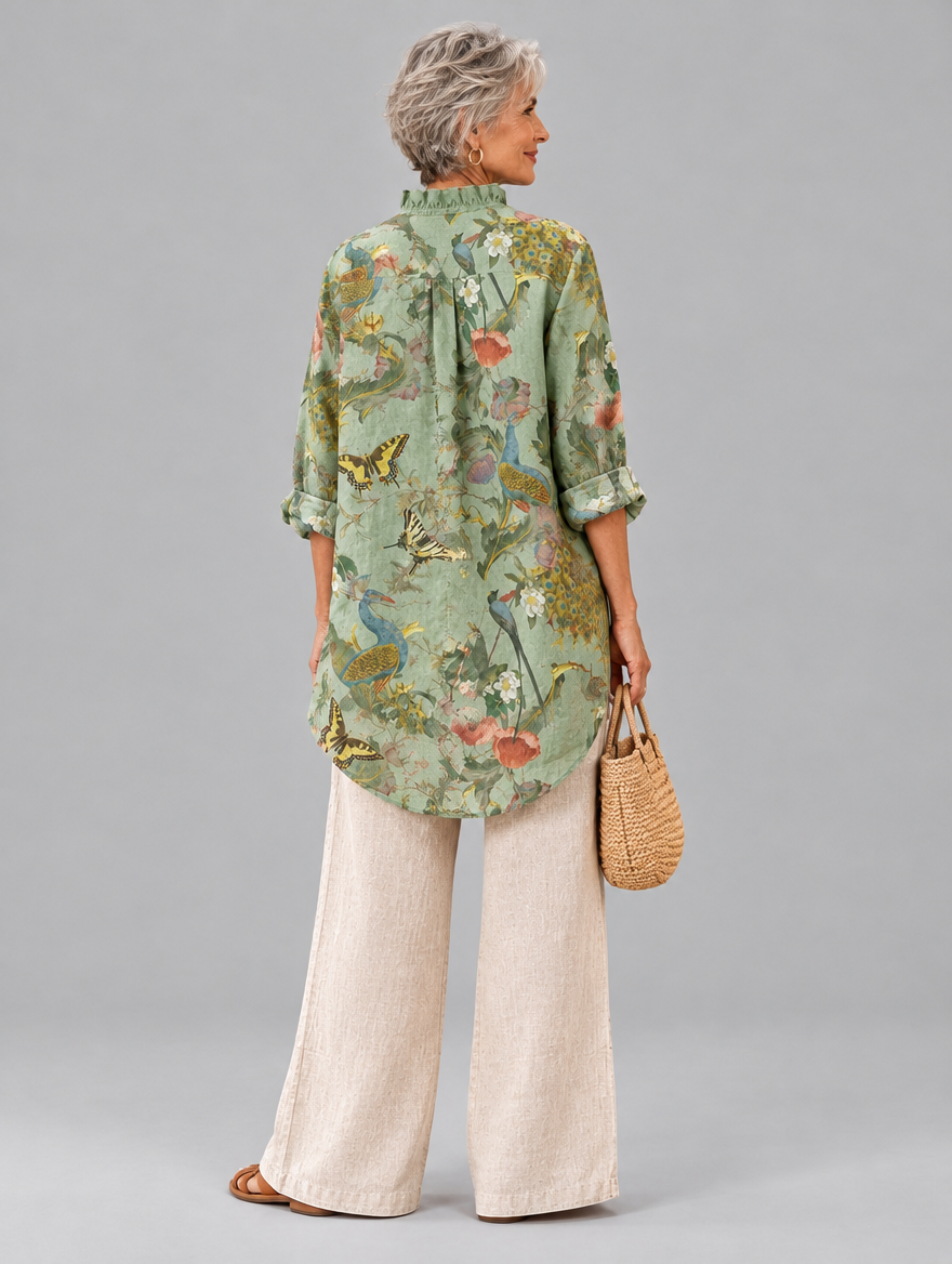 Pamina relaxed tunic in sage peacock and poppy print, back view