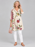 Hedda long blouse in beige folk floral print, front view
