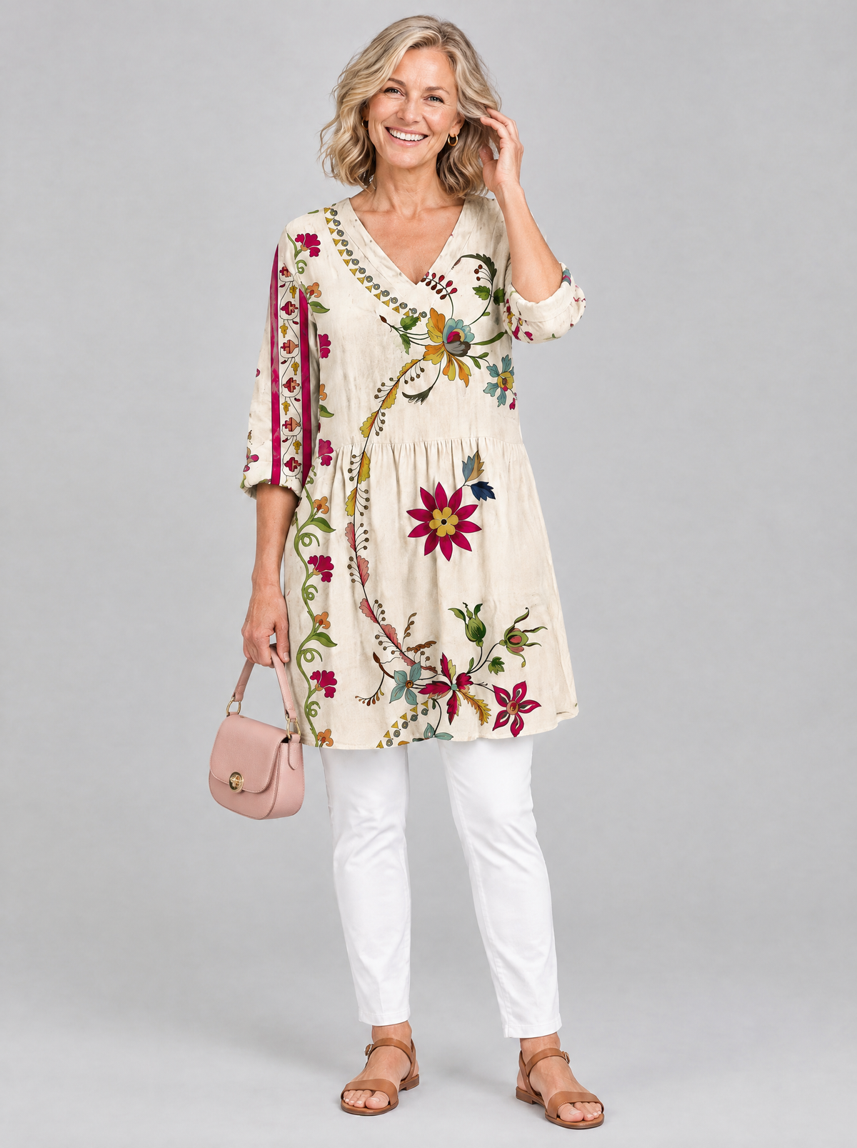 Hedda long blouse in beige folk floral print, front view