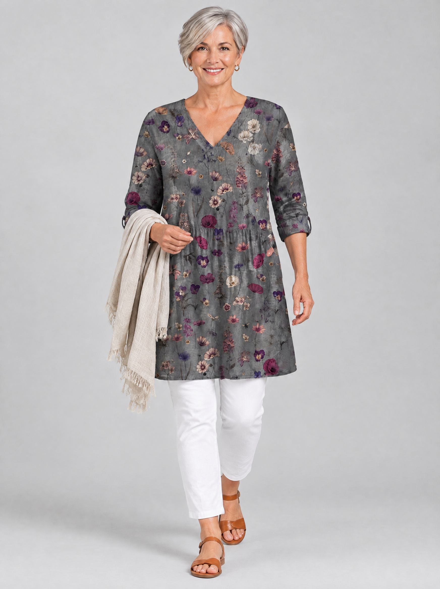 Addison long blouse in charcoal wildflower print, front view