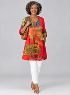 Zelie long blouse in tomato red art collage print, front view