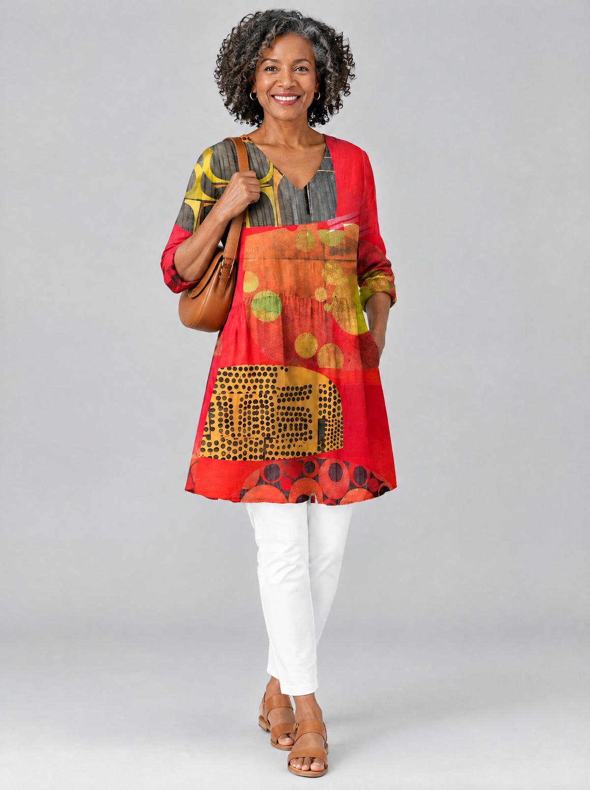 Zelie long blouse in tomato red art collage print, front view