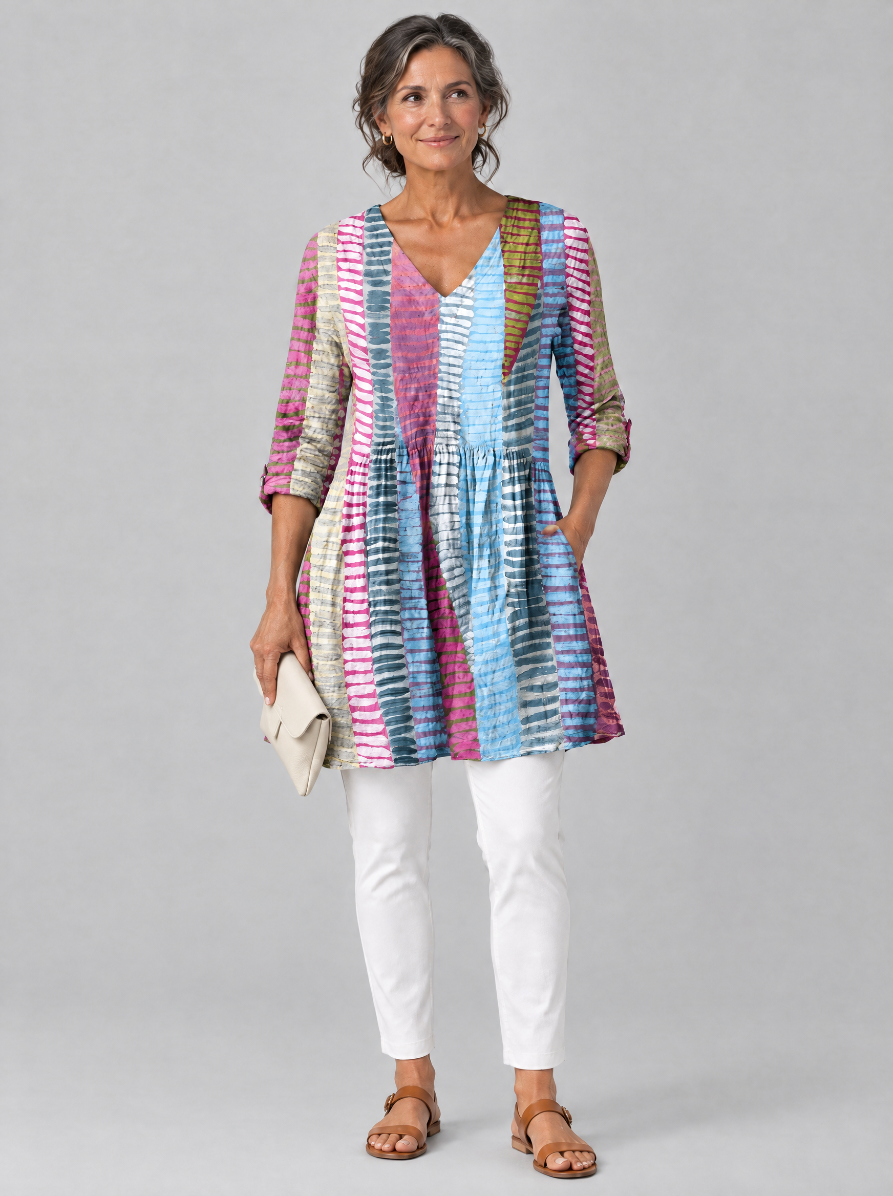 Margo long blouse in painted brush stripe print, front view
