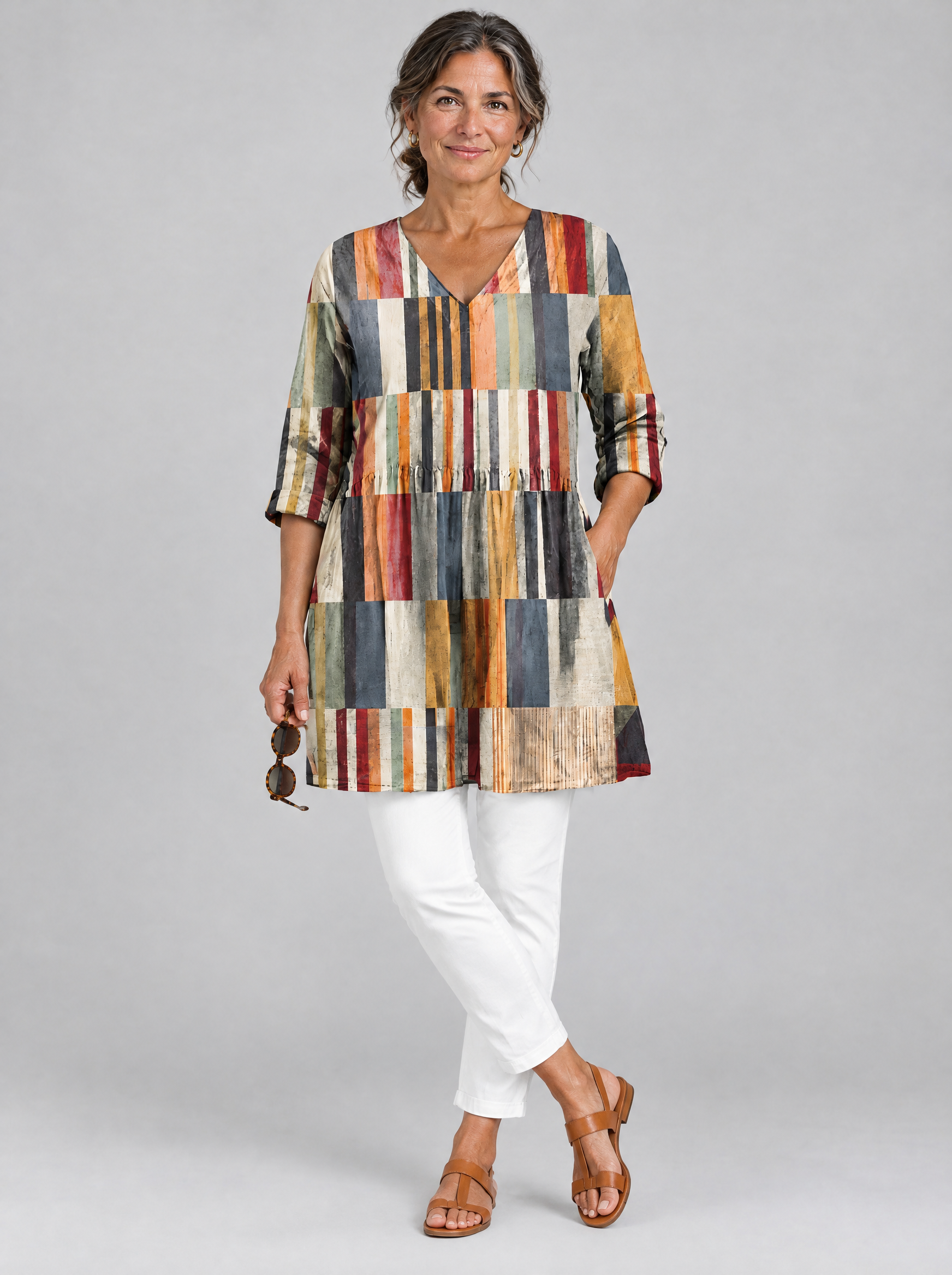 Lydia long blouse in multicolour block stripe print, front view