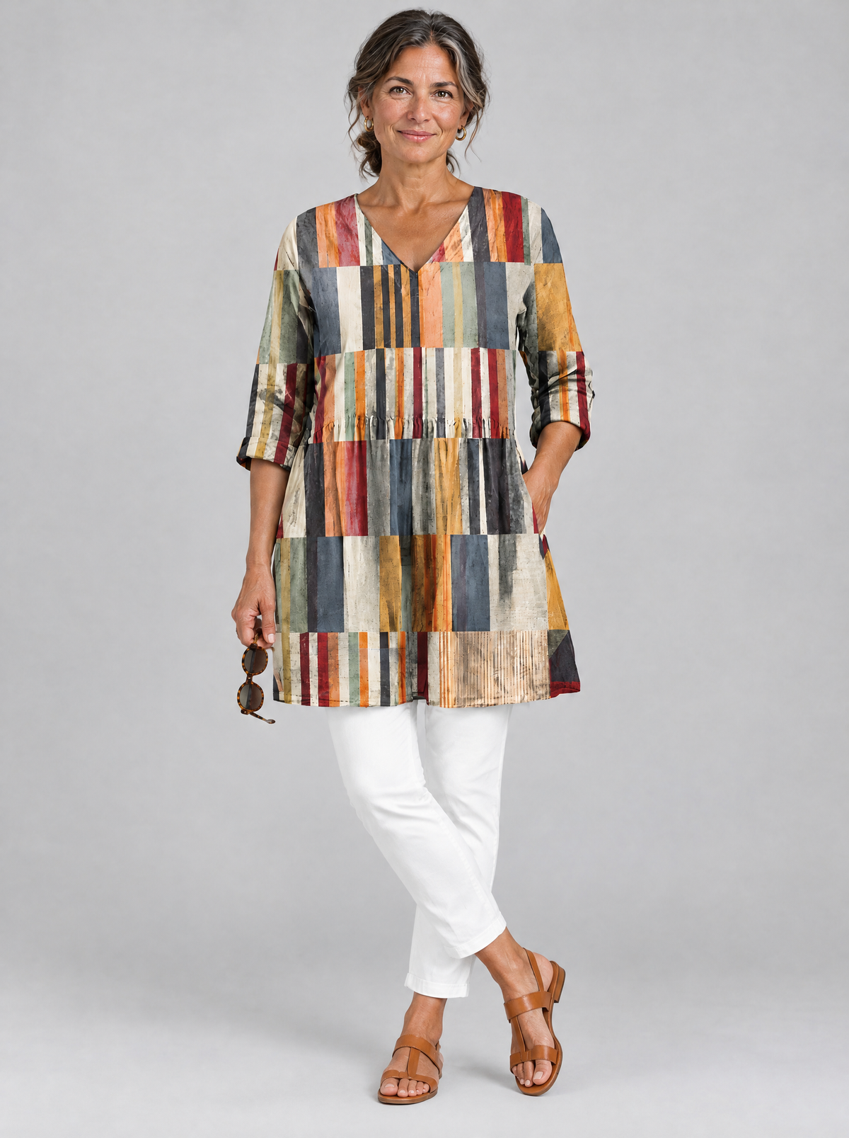Bonita long blouse in multicolour block stripe print, front view