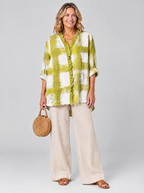 Greer relaxed summer tunic in chartreuse and white painted check, front view