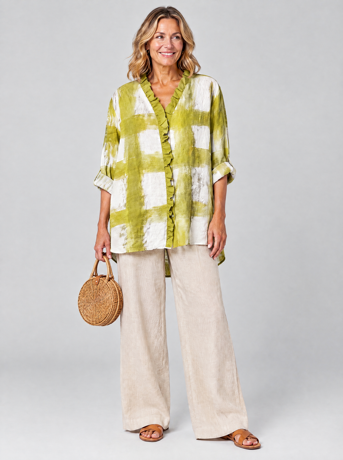 Greer relaxed summer tunic in chartreuse and white painted check, front view