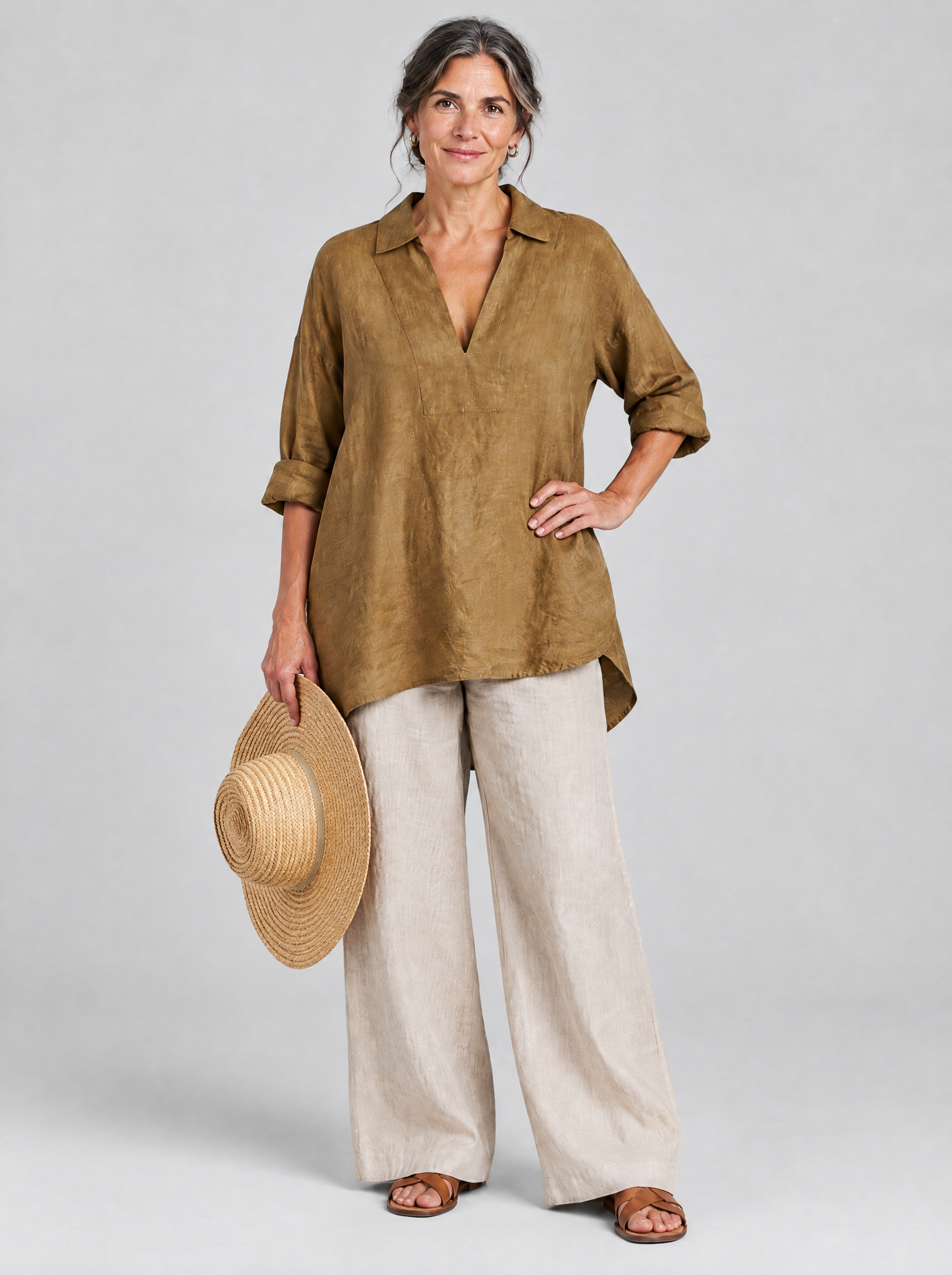 Makenna relaxed linen tunic in khaki with open collar V neck, front view