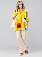 Daffodil relaxed tunic in sunflower yellow retro poppy print, front view