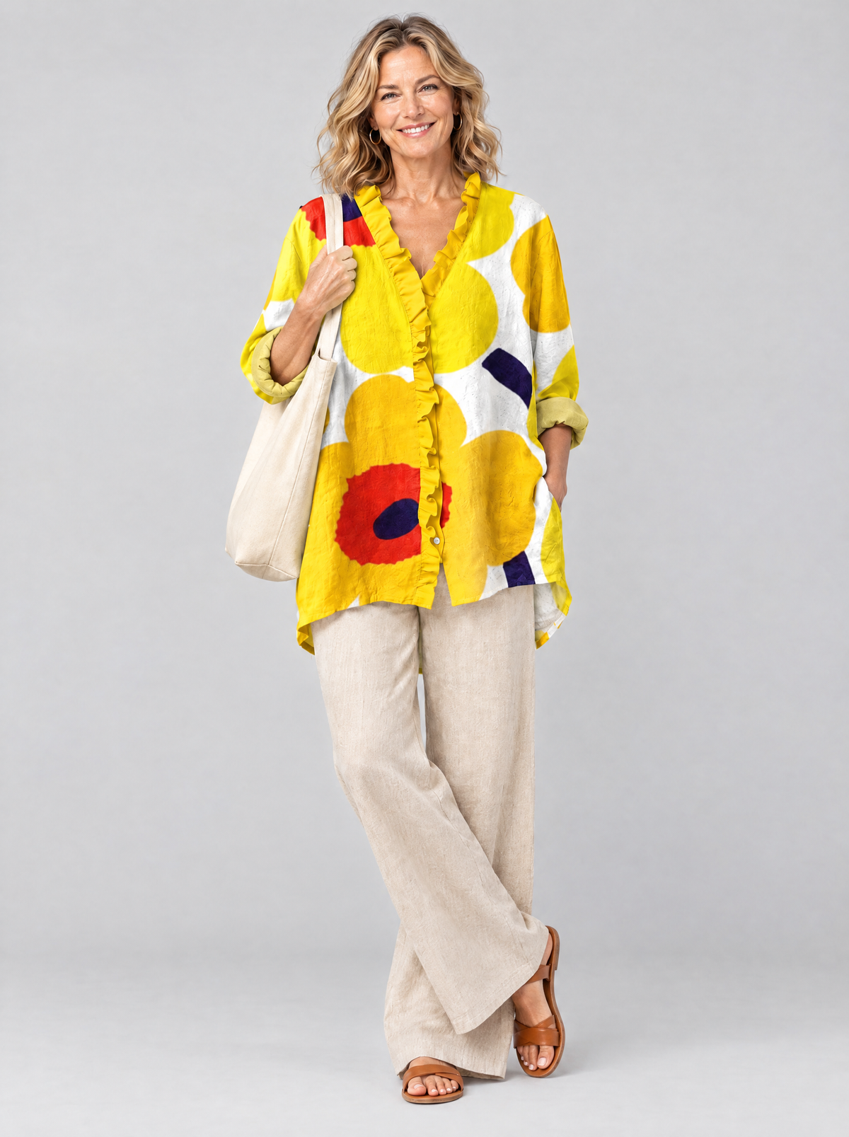 Daffodil relaxed tunic in sunflower yellow retro poppy print, front view