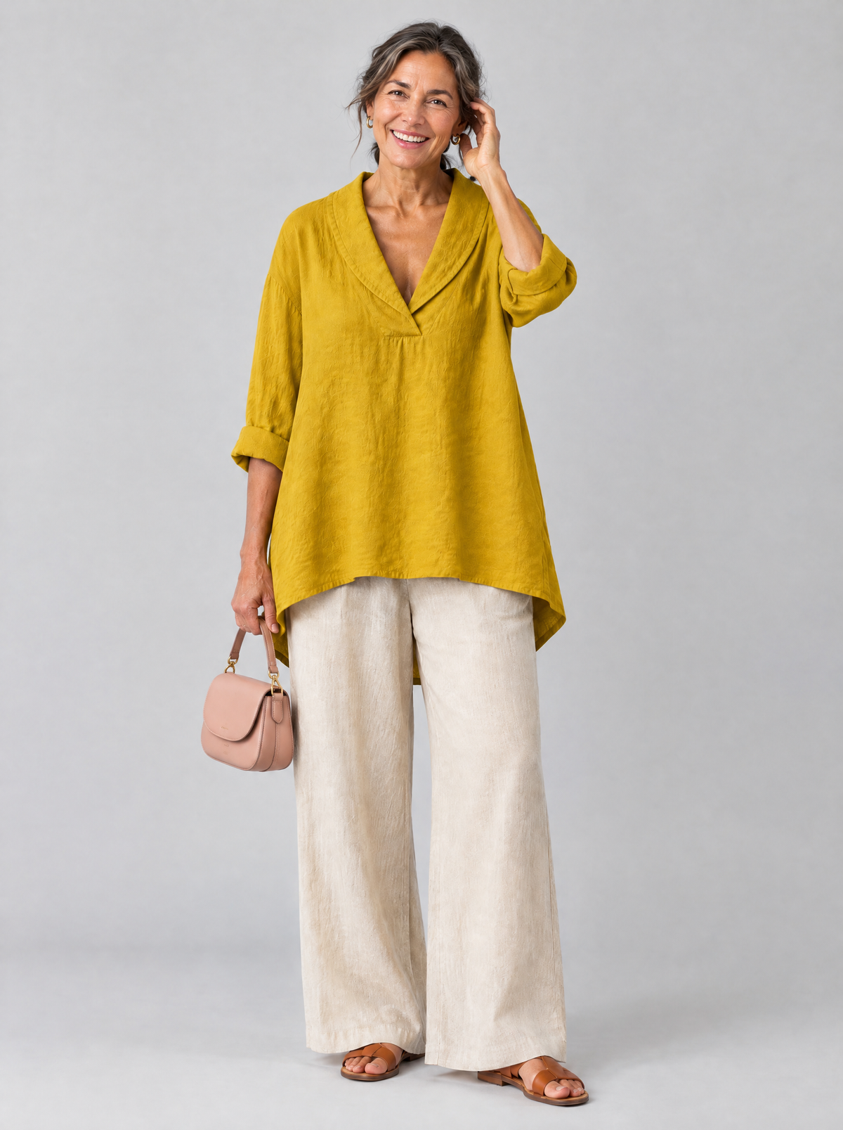 Topaz relaxed tunic in mustard yellow with shawl collar V neck, front view