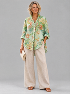 Mei relaxed tunic in mint chinoiserie peony print, front view