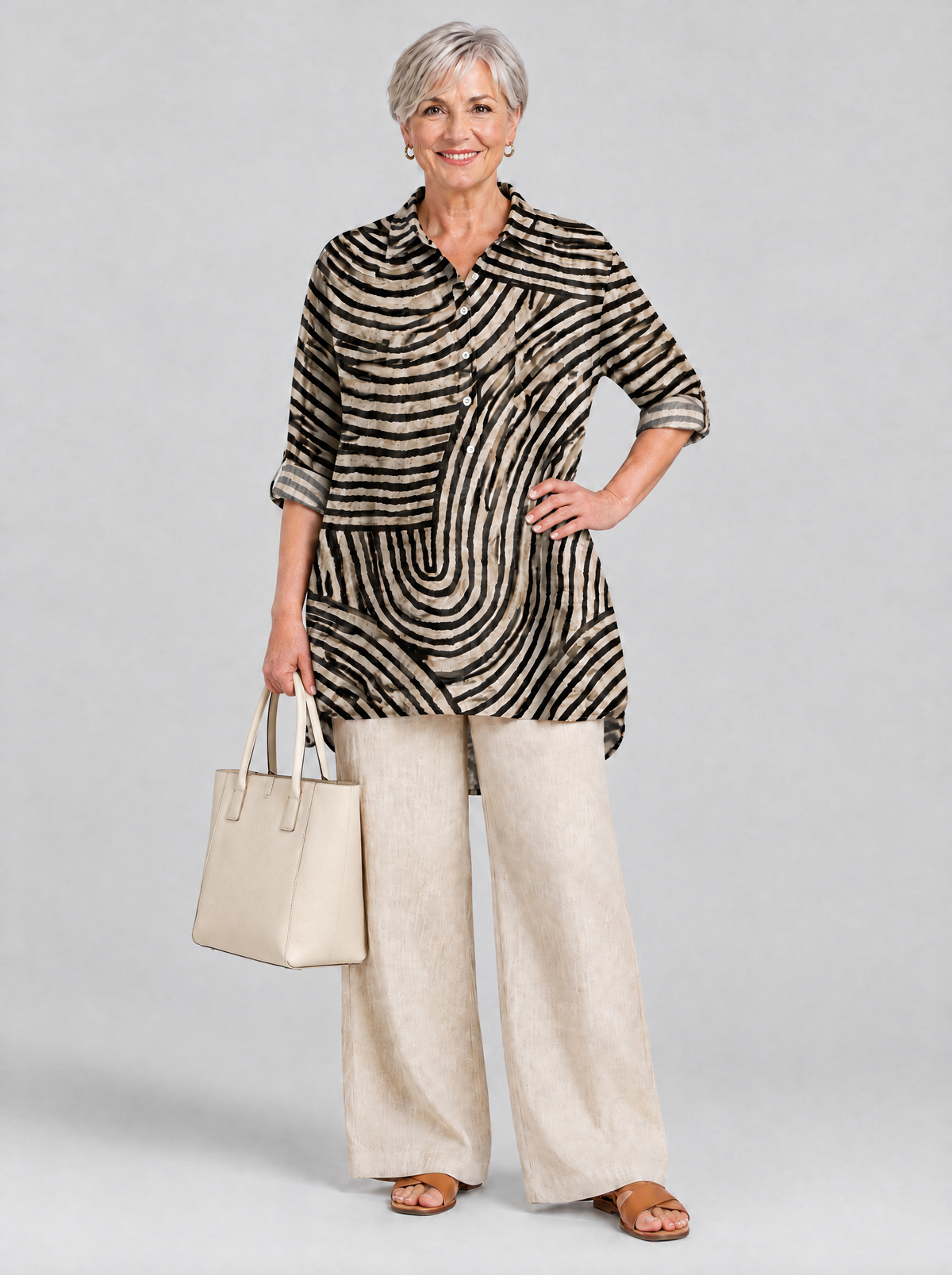 Desma relaxed tunic in sand and black swirl print, front view