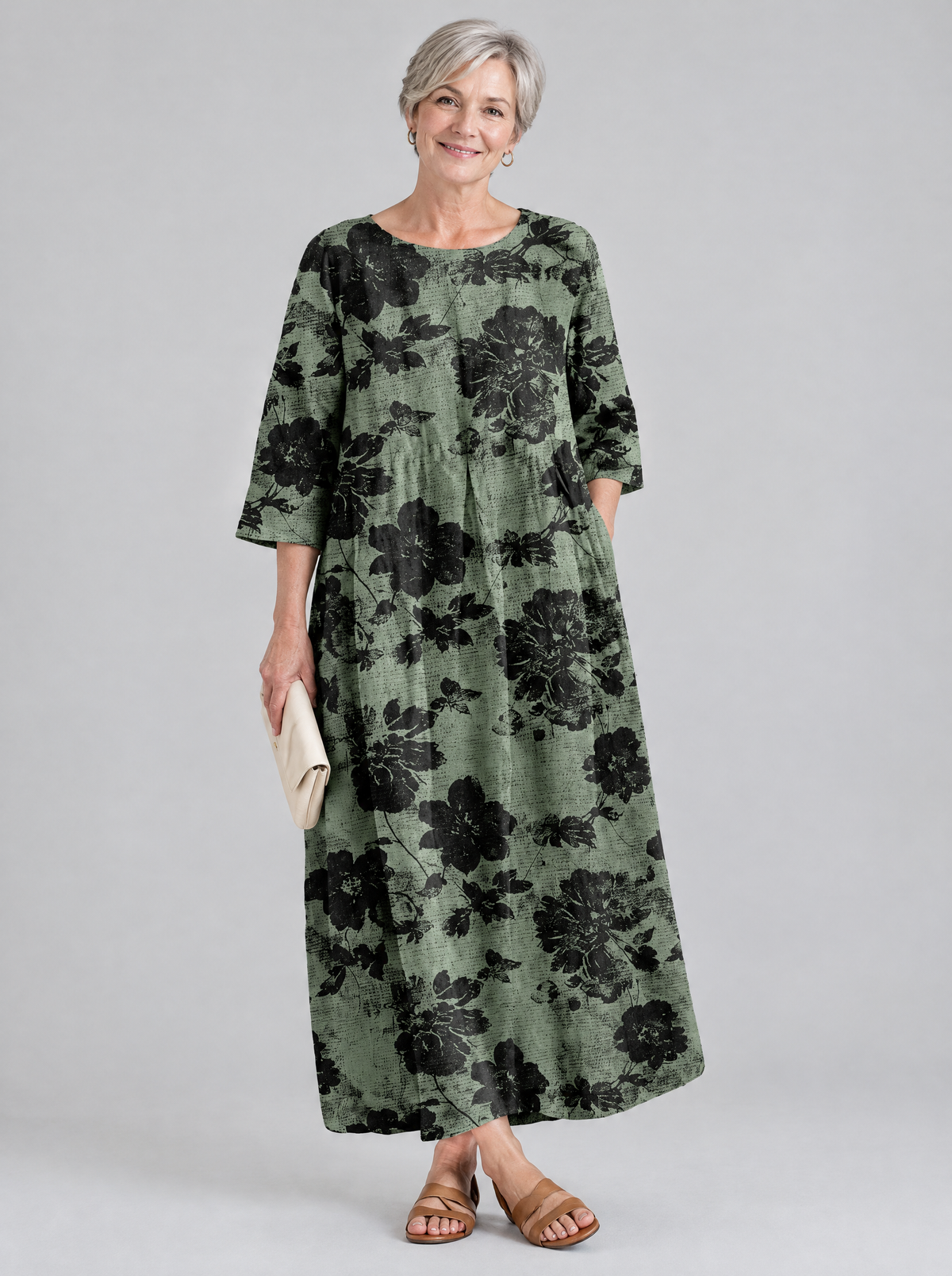Kassia printed maxi dress in sage green with black floral print, front view