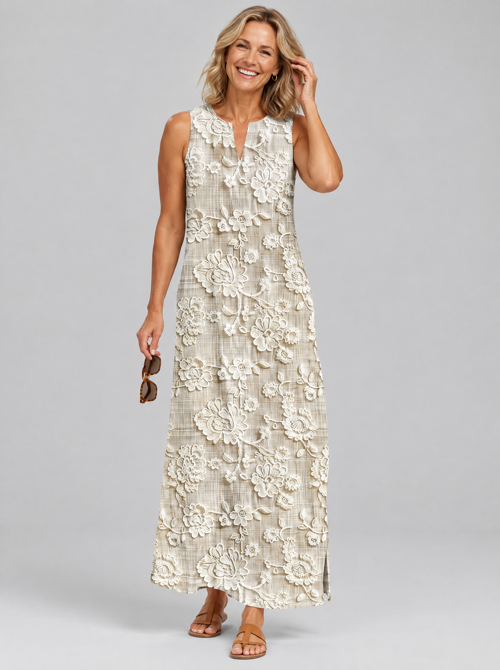 Luna sleeveless maxi dress in khaki with cream lace look floral print, front view