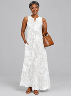 Valetta sleeveless maxi dress in white with tonal floral print, front view
