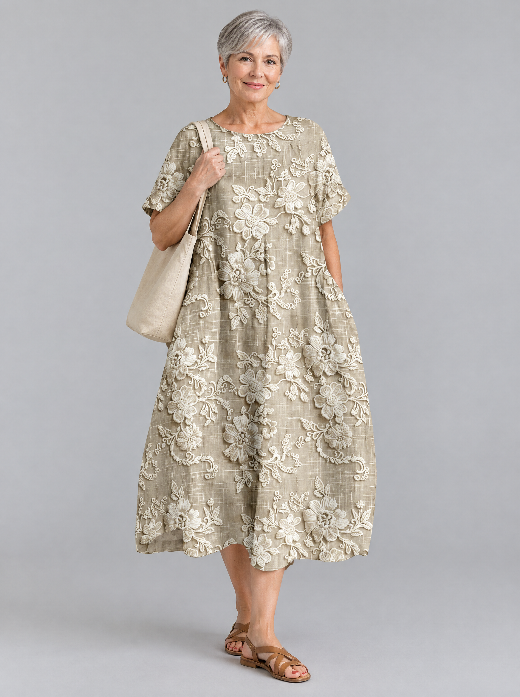 Olivia midi dress in khaki with cream lace look floral print, front view