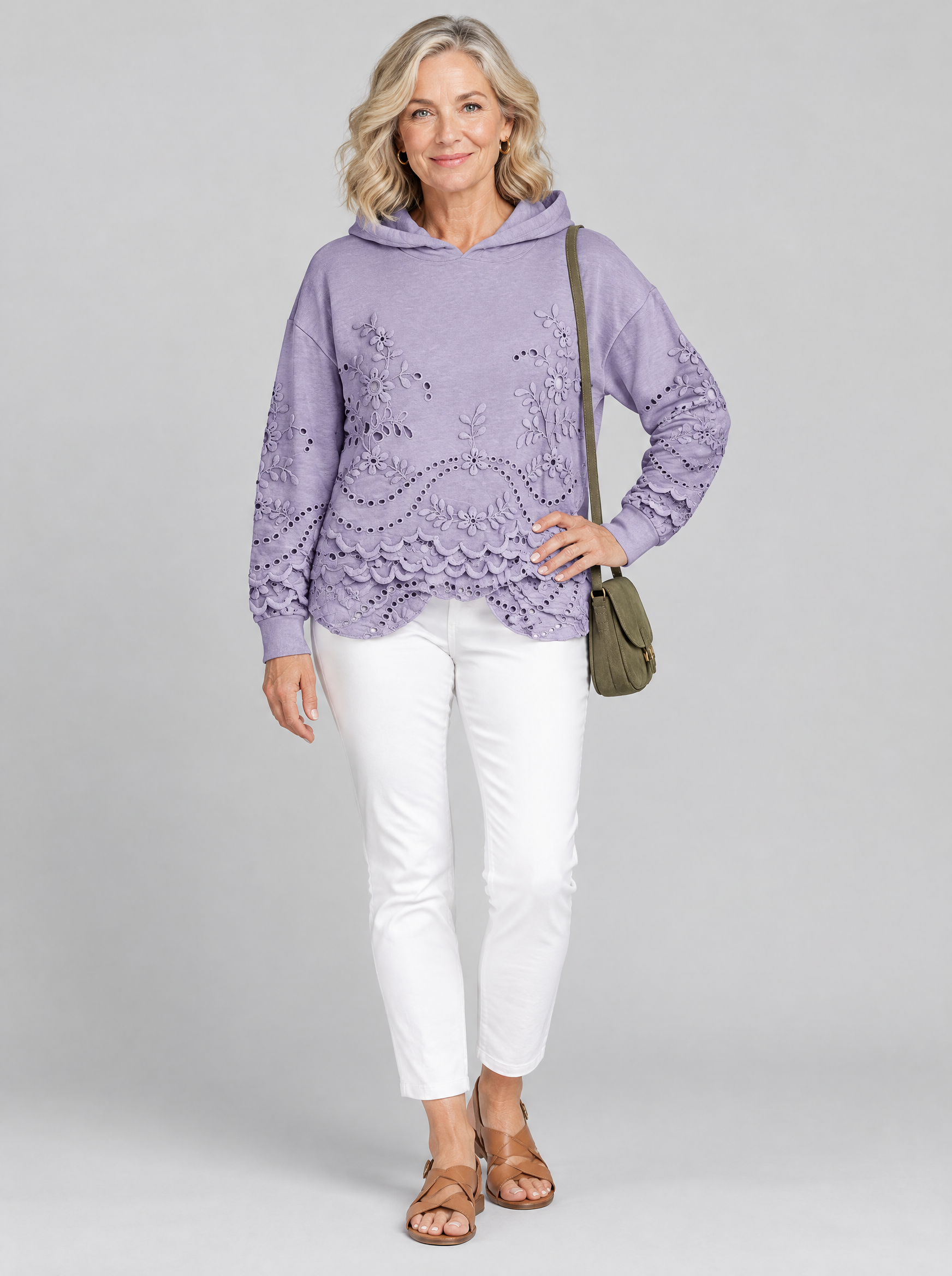 Emily eyelet embroidered hoodie in lavender, front view