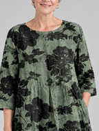 Kassia printed maxi dress in sage green with black floral print, close up of print and neckline