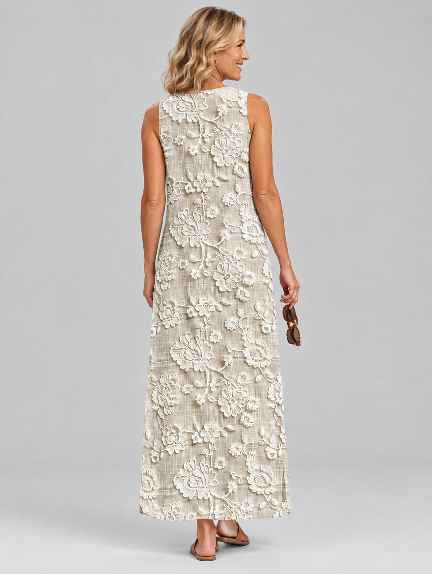 Solveig sleeveless maxi dress in khaki with cream lace look floral print, back view