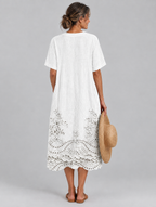 Filippa white linen midi dress with eyelet embroidery, back view
