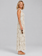 Solveig sleeveless maxi dress in khaki with cream lace look floral print, side view