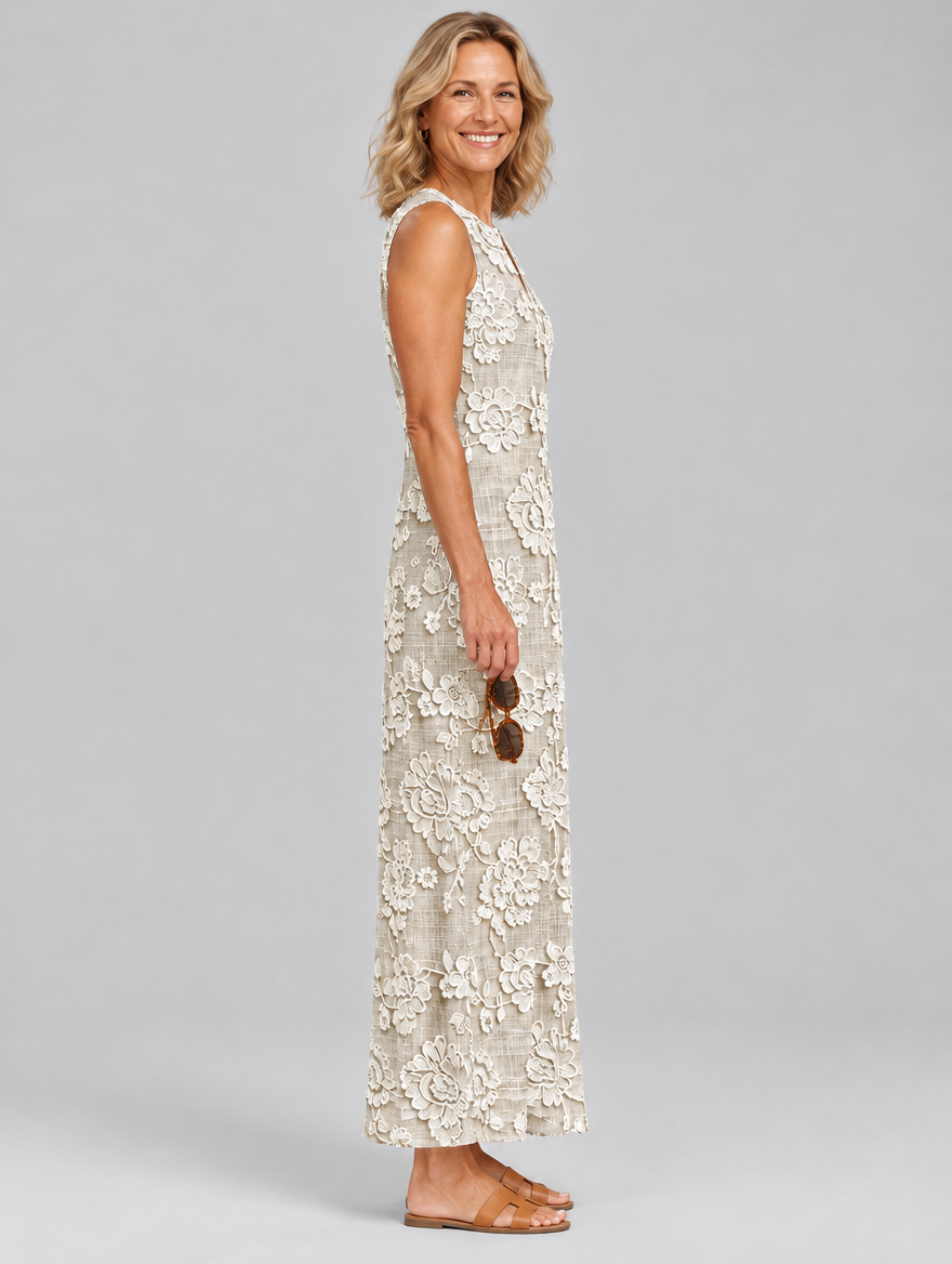 Solveig sleeveless maxi dress in khaki with cream lace look floral print, side view