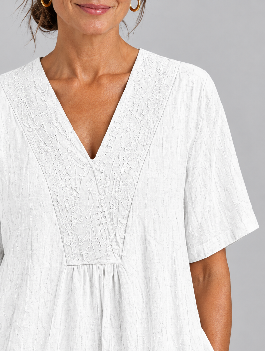 Harper white linen midi dress with eyelet embroidery, close up of embroidery and neckline