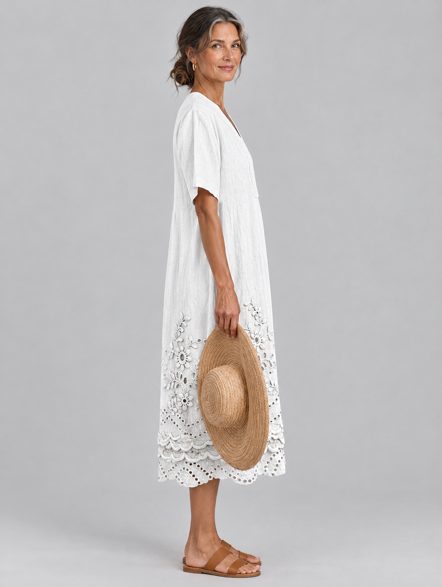 Filippa white linen midi dress with eyelet embroidery, side view