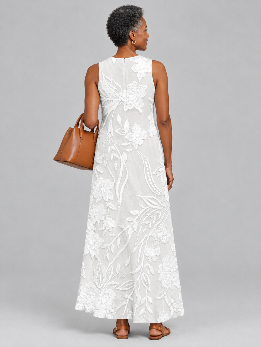 Valetta sleeveless maxi dress in white with tonal floral print, back view