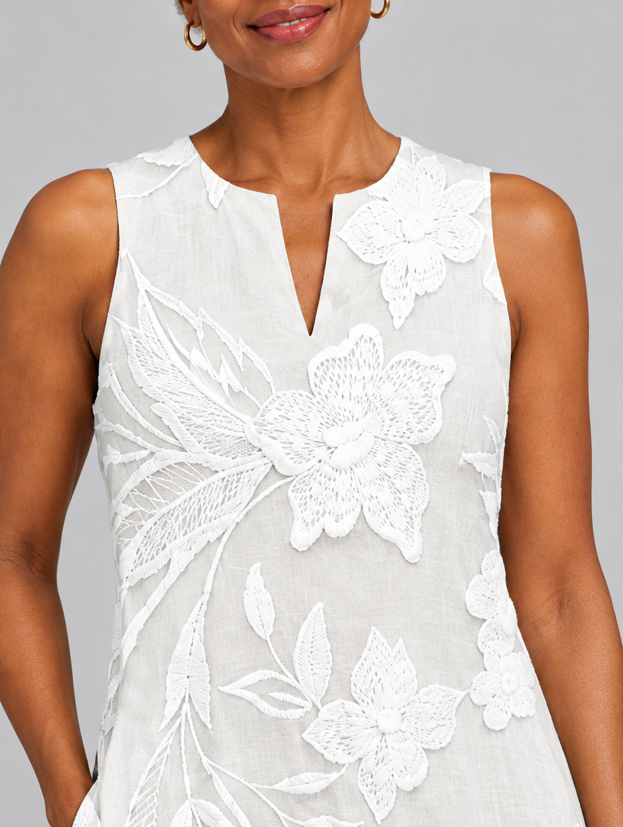 Valetta sleeveless maxi dress in white with tonal floral print, close up of print and neckline