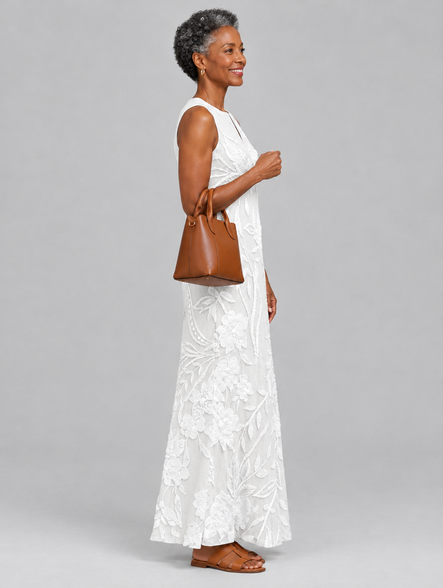 Valetta sleeveless maxi dress in white with tonal floral print, side view