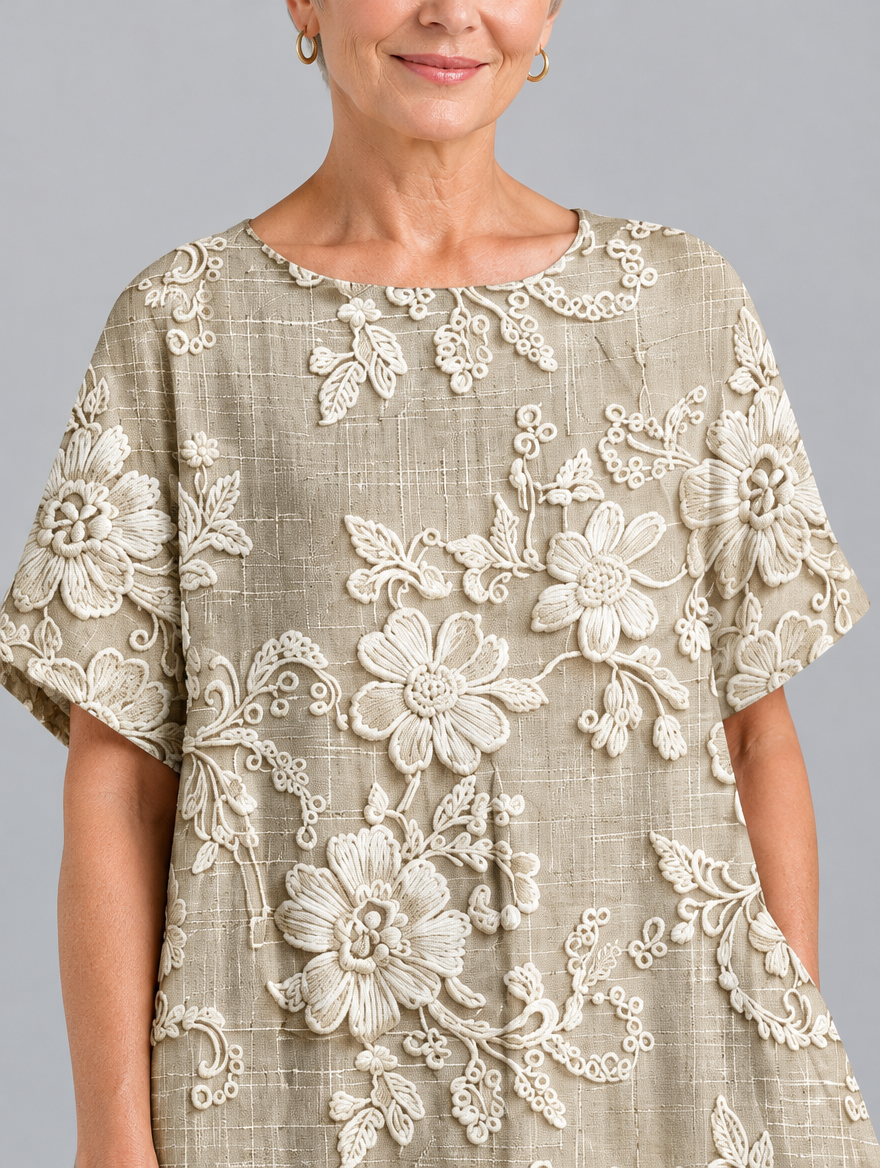 Olivia midi dress in khaki with cream lace look floral print, close up of print and neckline