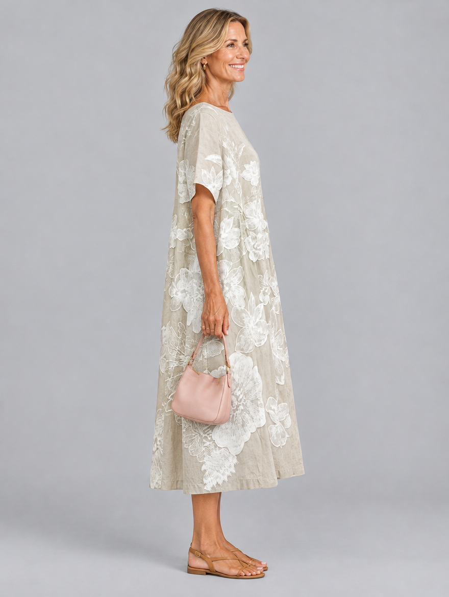 Hesper midi dress in khaki with soft white floral print, side view