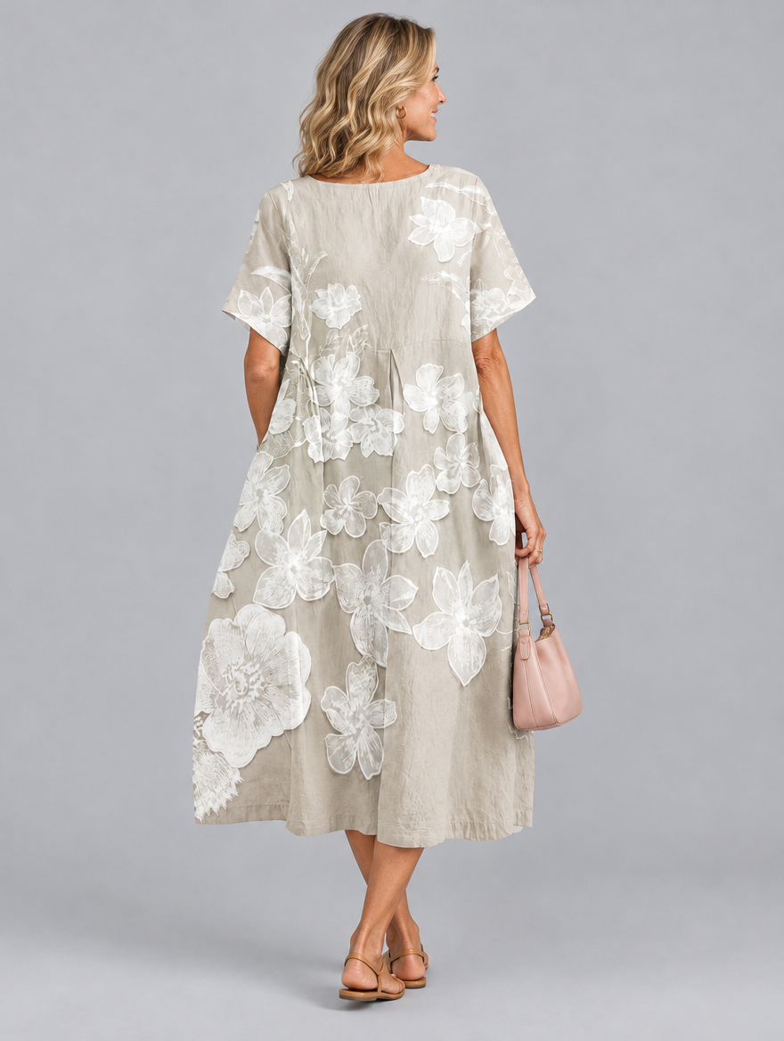 Hesper midi dress in khaki with soft white floral print, back view
