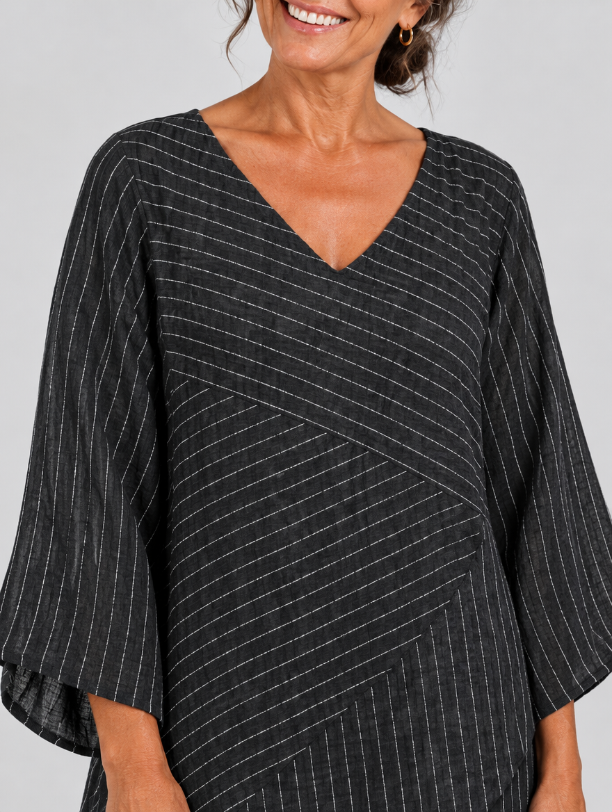 Sidonie pinstripe tunic top in black, close up of print and neckline