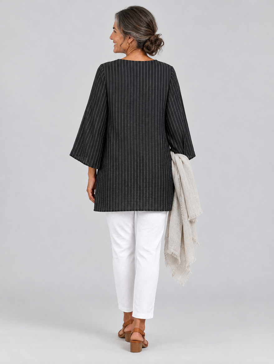 Sidonie pinstripe tunic top in black, back view