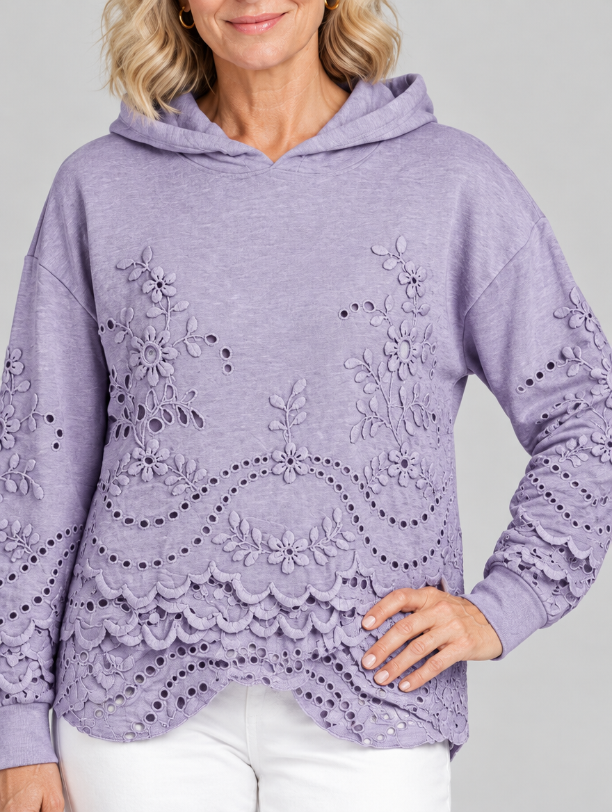 Emily eyelet embroidered hoodie in lavender, close up of embroidery and neckline