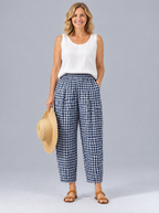 Caro gingham trousers in navy and white check, front view